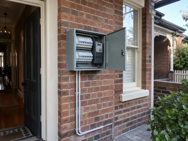 Open switchboard on an exterior brick wall beside a window in Bondi